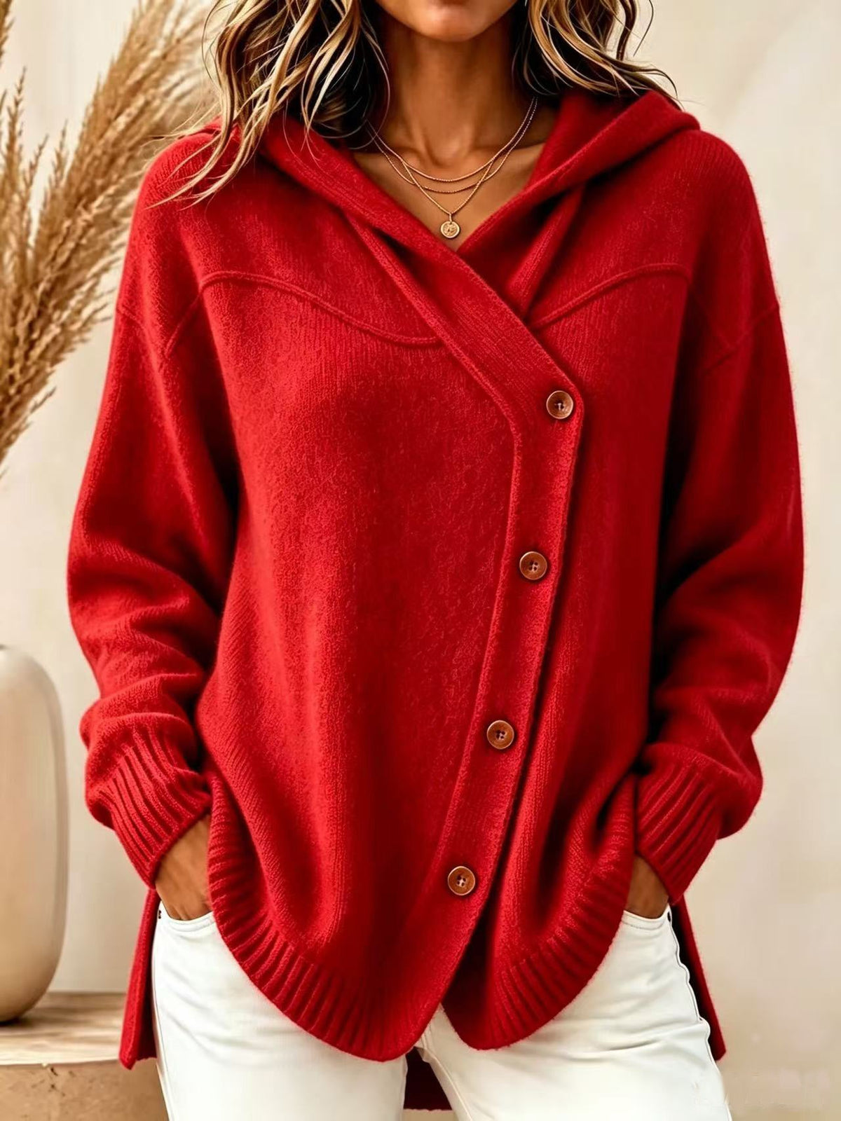 Dorlies | Strickjacke Damen mit Kapuze und asymmetrischer Knopfleiste
