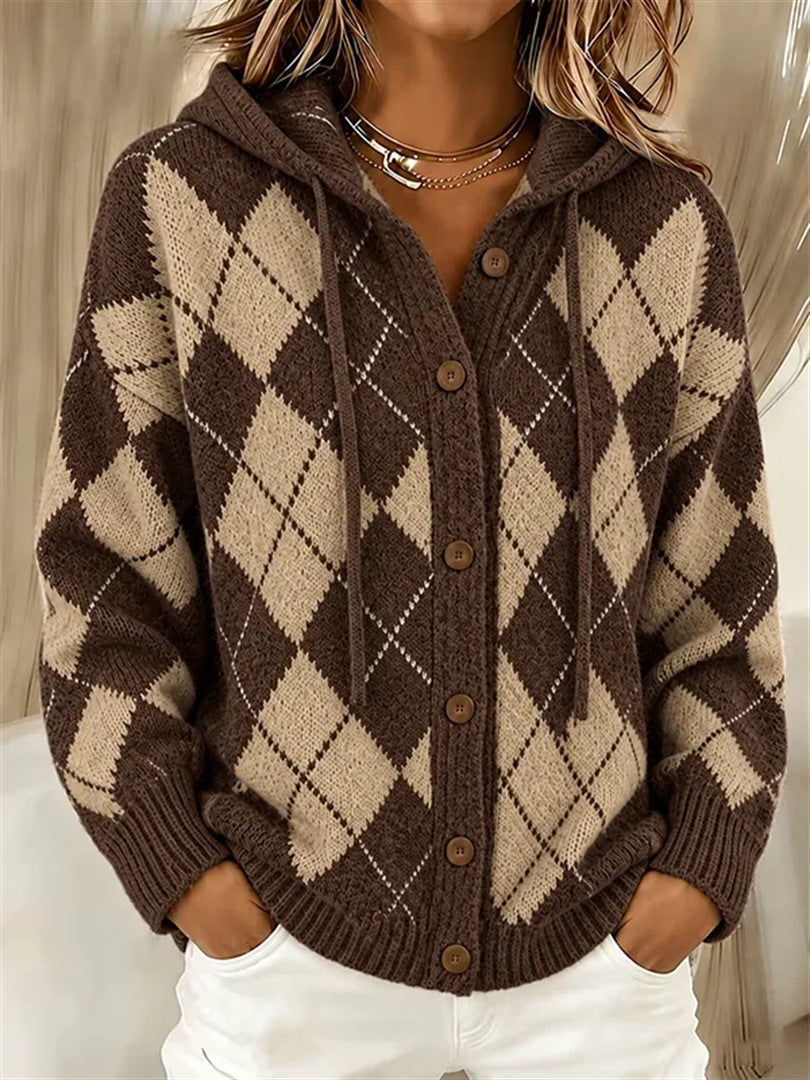 Marissa | Strickjacke mit Kapuze im Karo-Muster für Damen