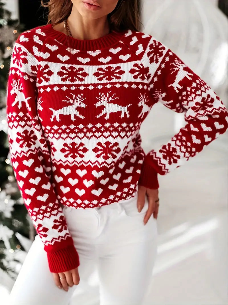 Lærke | Damen Weihnachtspullover mit Rentier-Muster Rundhals