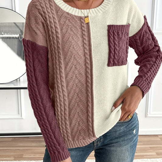 Lynn | Damen Zopfmuster Strickpullover mit Colorblock-Design Rundhals