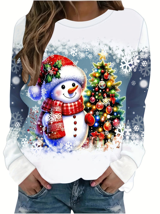 Alix | Weihnachtspullover mit Schneemann-Print Rundhals Damen