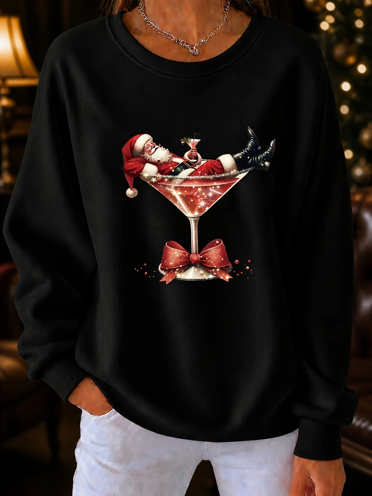 Demi | Weihnachtspullover mit Santa-Cocktail-Print für Damen