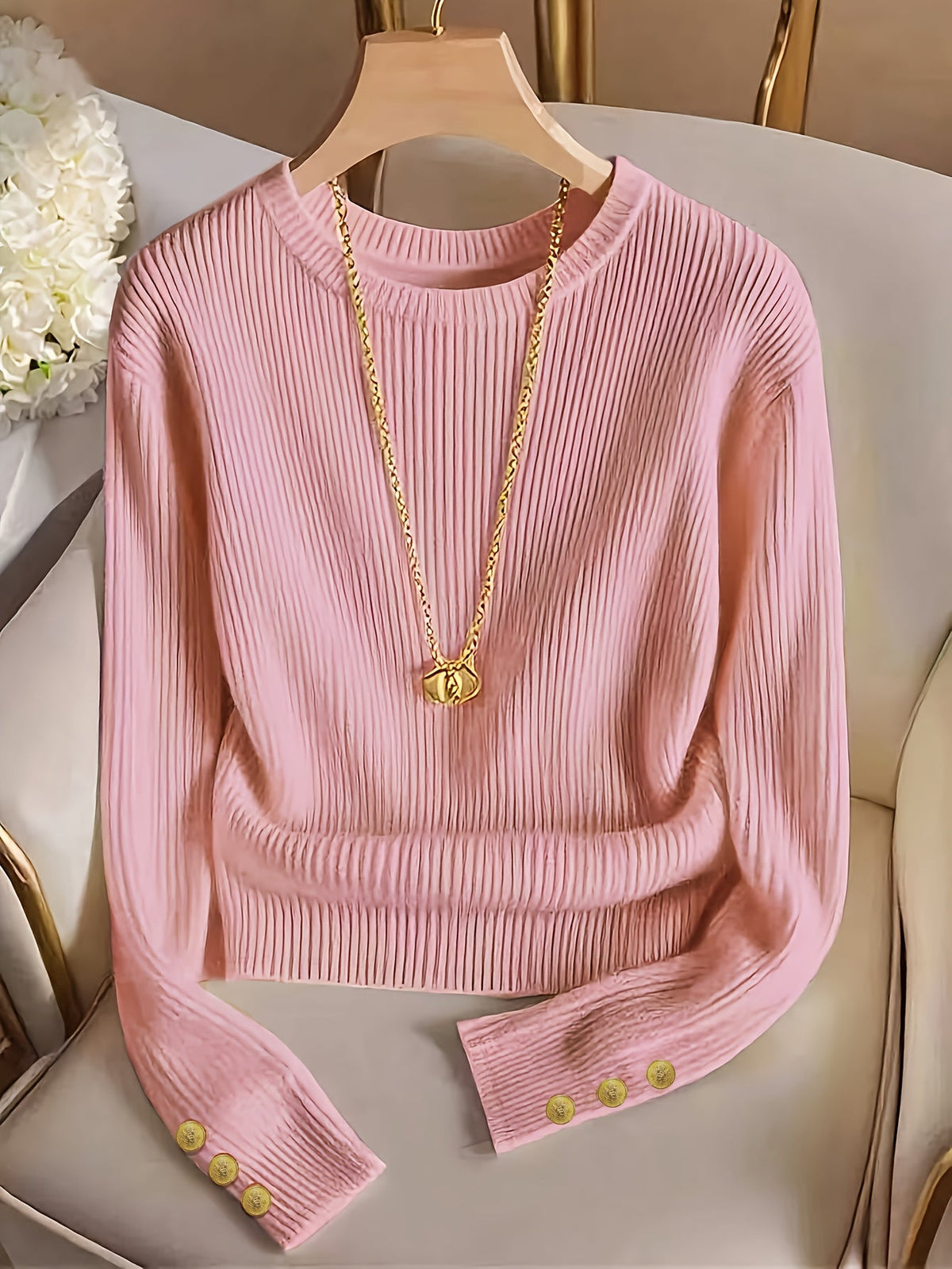Jasmine | Damen Rippstrick Pullover mit Stehkragen, Knopfmanschetten