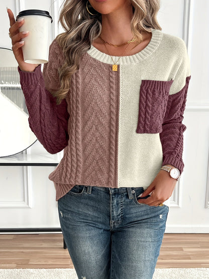 Lynn | Damen Zopfmuster Strickpullover mit Colorblock-Design Rundhals