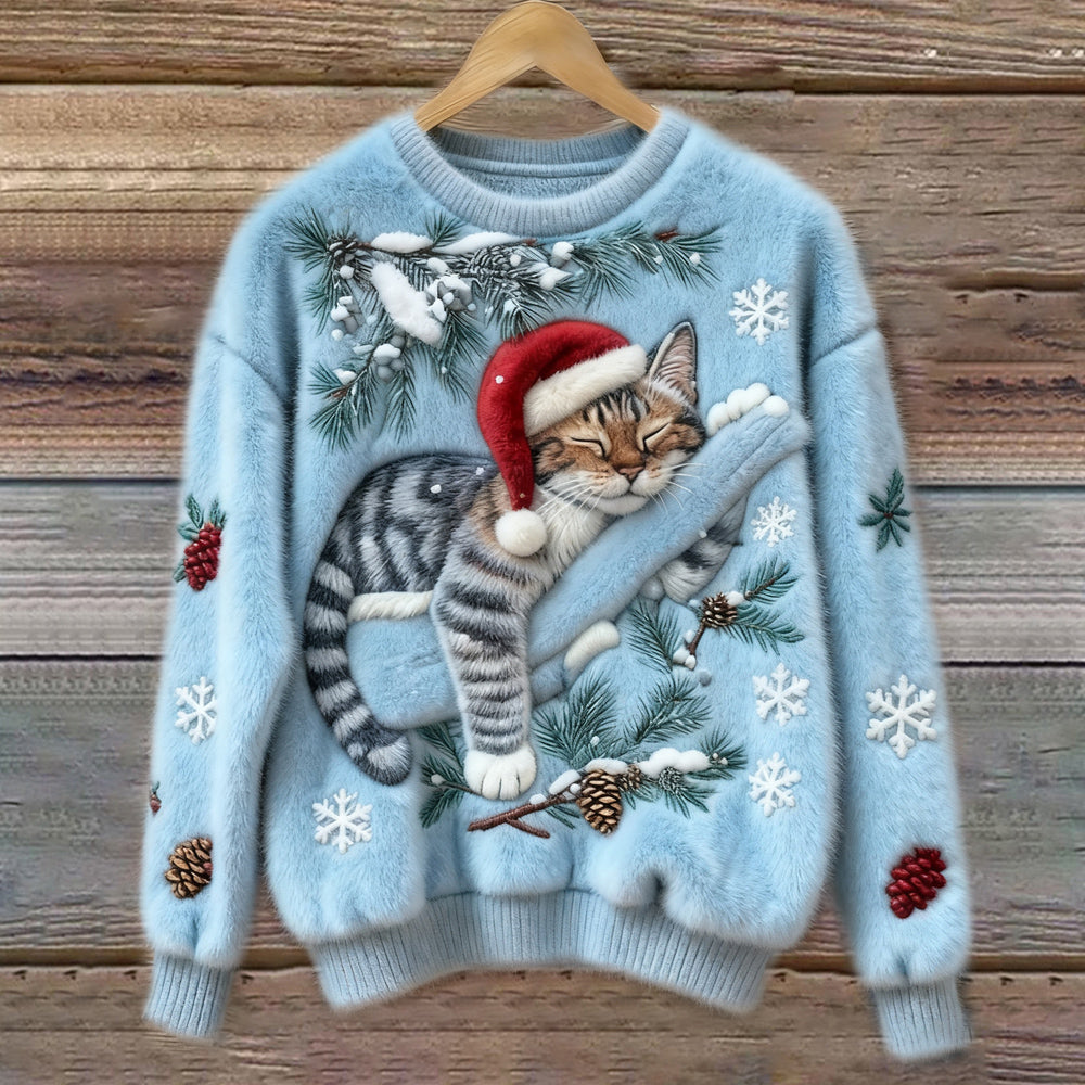 Jytte | Weihnachtspullover Damen mit Katzenmotiv Rundhals