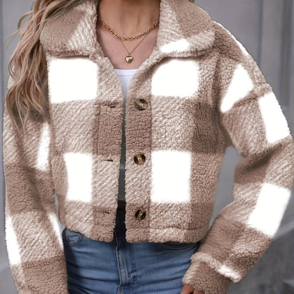 Ludivine | Damen Karo Jacke Kurz mit Knopfleiste und Stehkragen