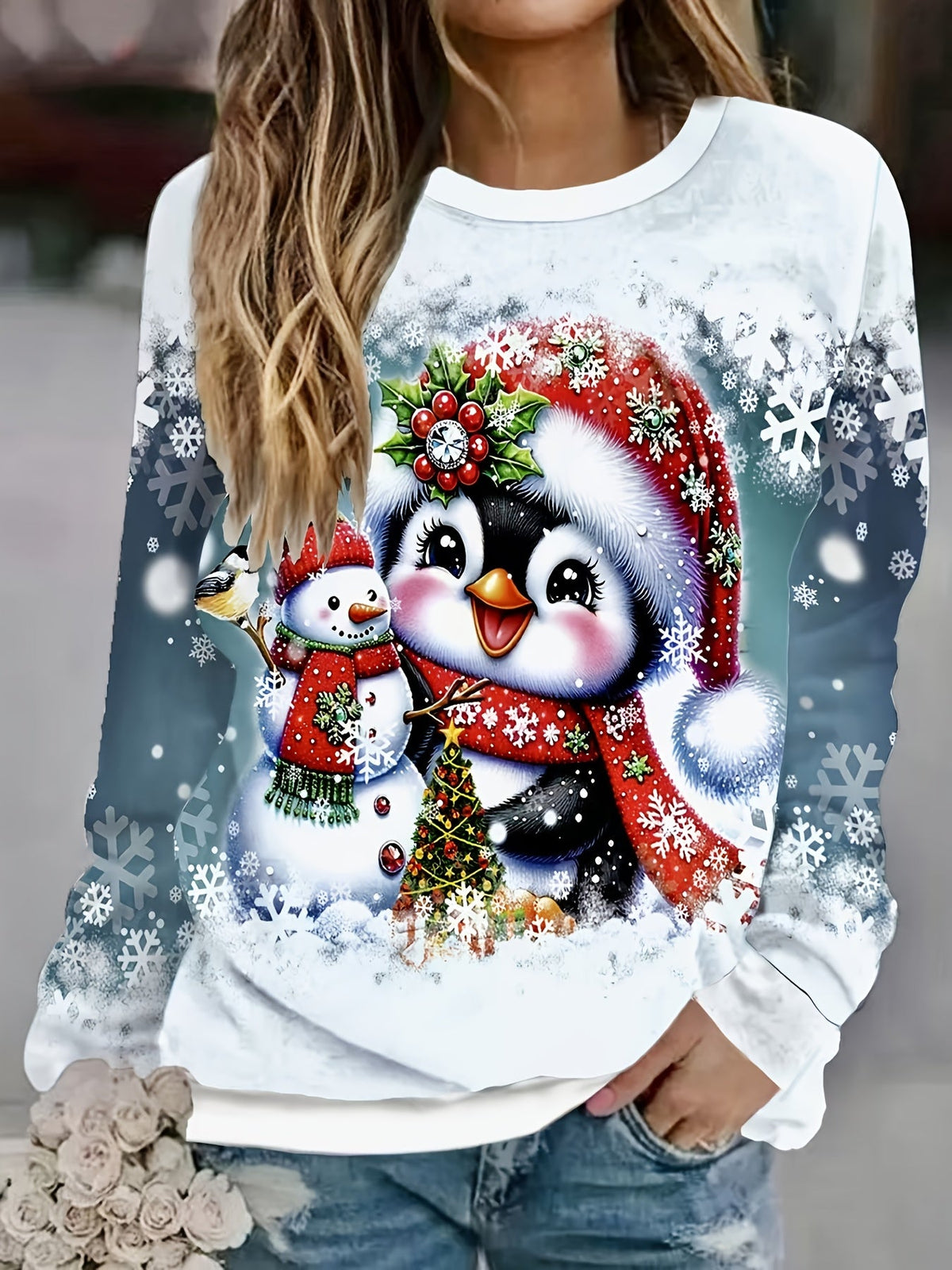 Alix | Weihnachtspullover mit Schneemann-Print Rundhals Damen