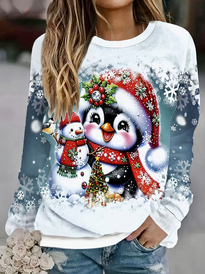 Alix | Weihnachtspullover mit Schneemann-Print Rundhals Damen