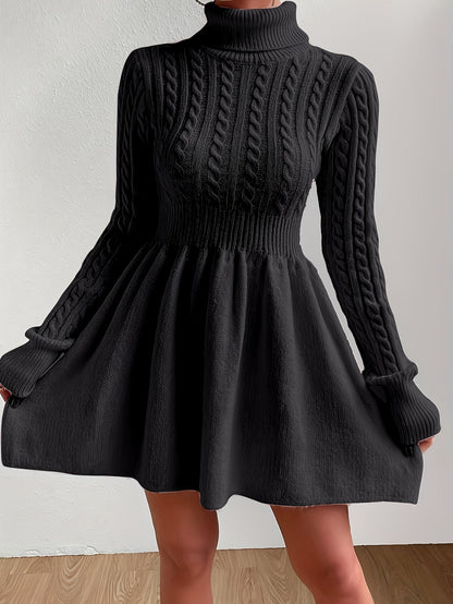 Leontine | Damen Zopfmuster Strickkleid A-Linie Rollkragen