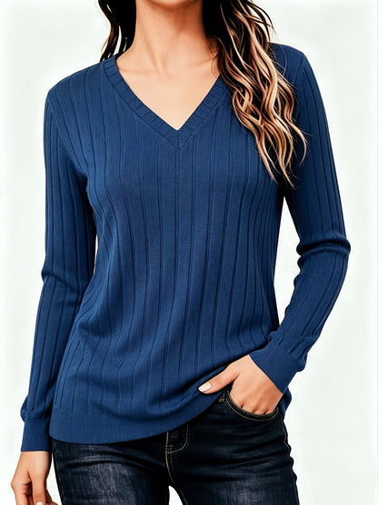Katrine | Damen Rippstrick Pullover mit V-Ausschnitt Langarm