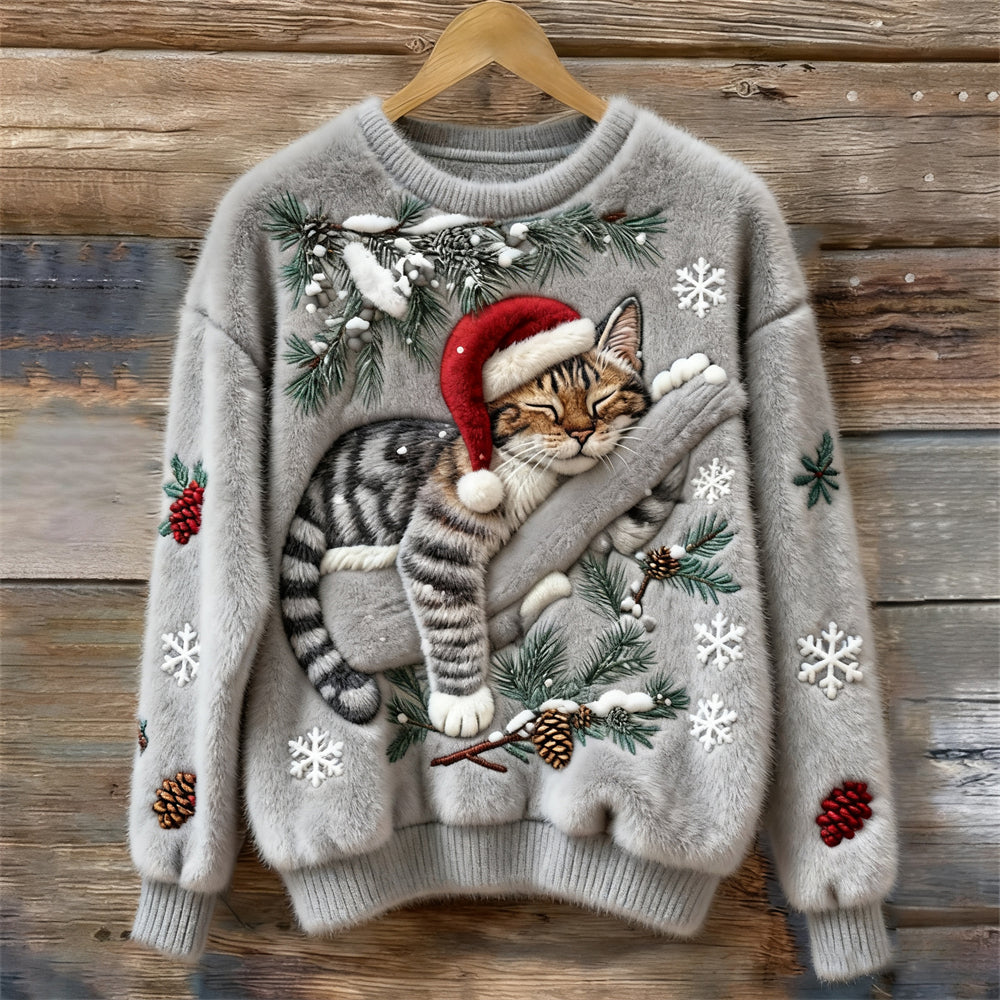 Jytte | Weihnachtspullover Damen mit Katzenmotiv Rundhals