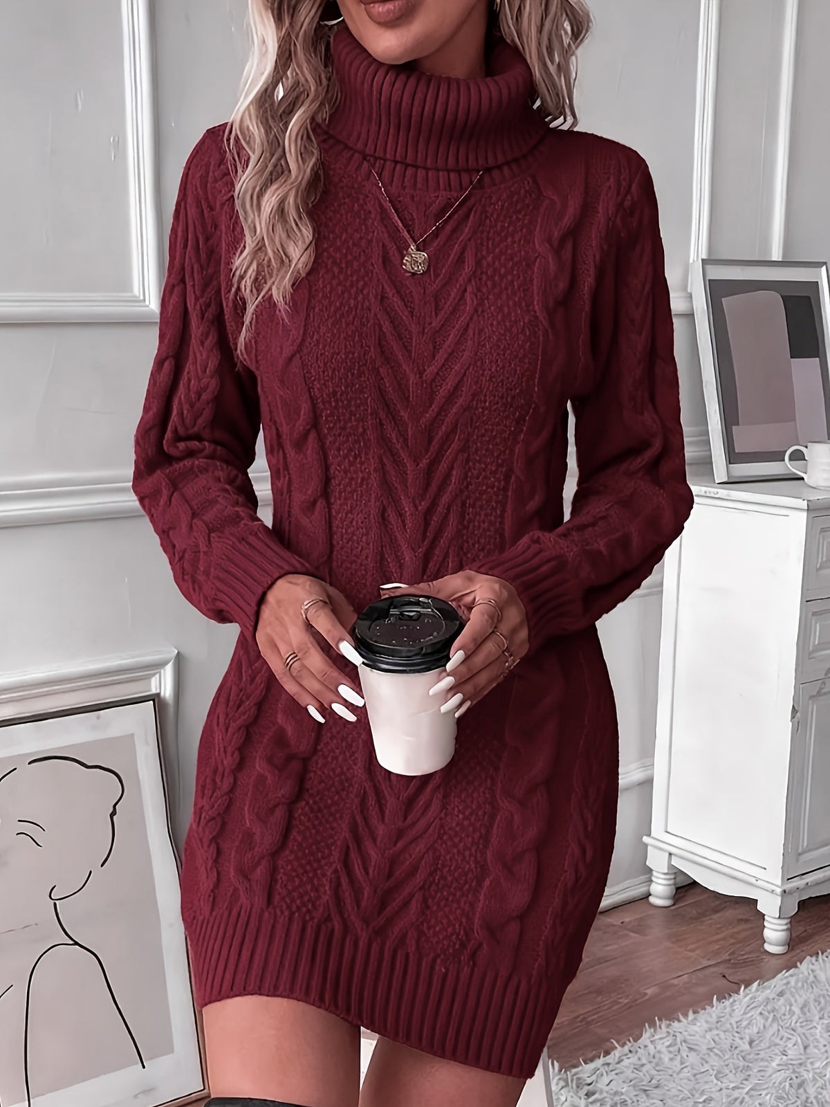 Kristin | Damen Zopfmuster Strickkleid mit Rollkragen