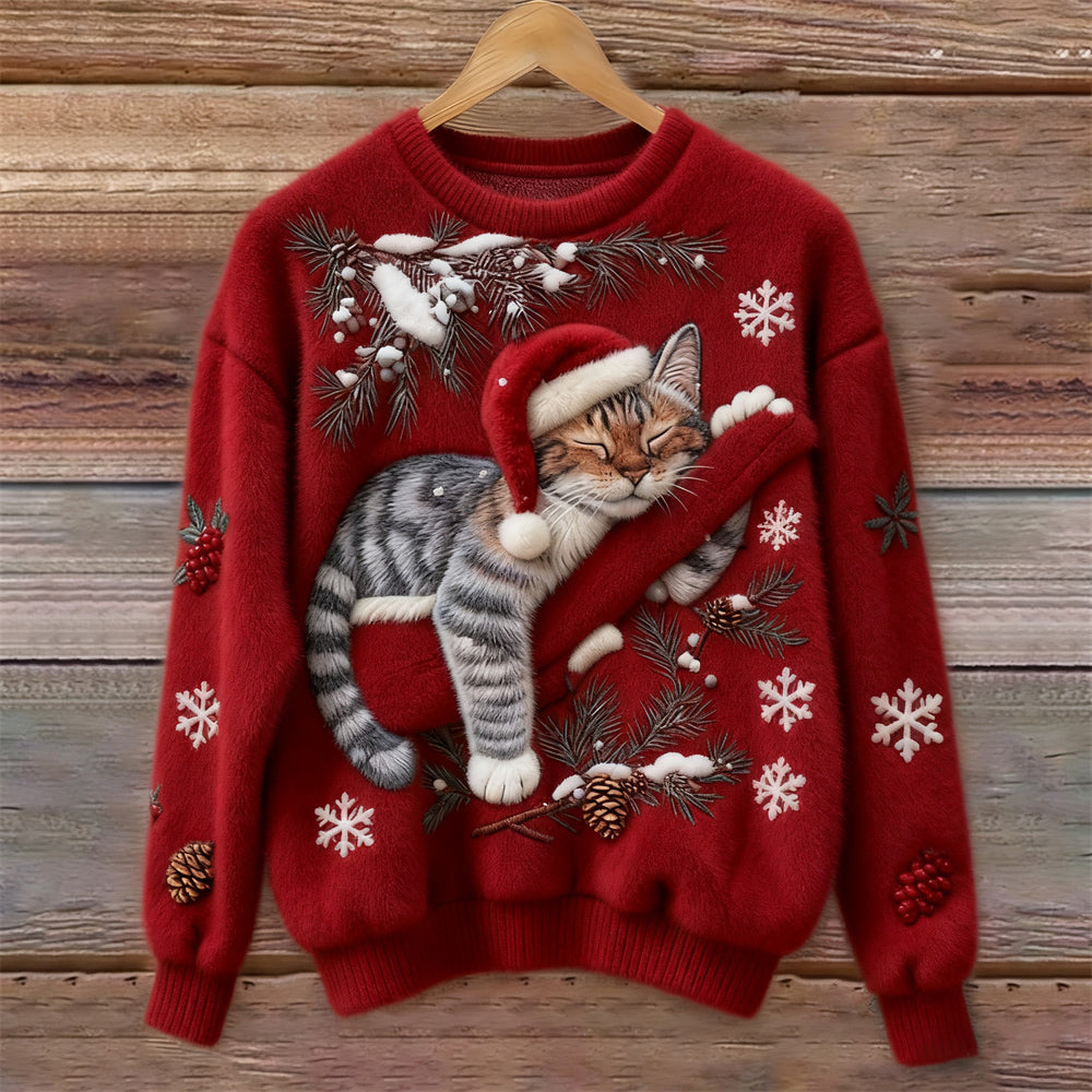 Jytte | Weihnachtspullover Damen mit Katzenmotiv Rundhals