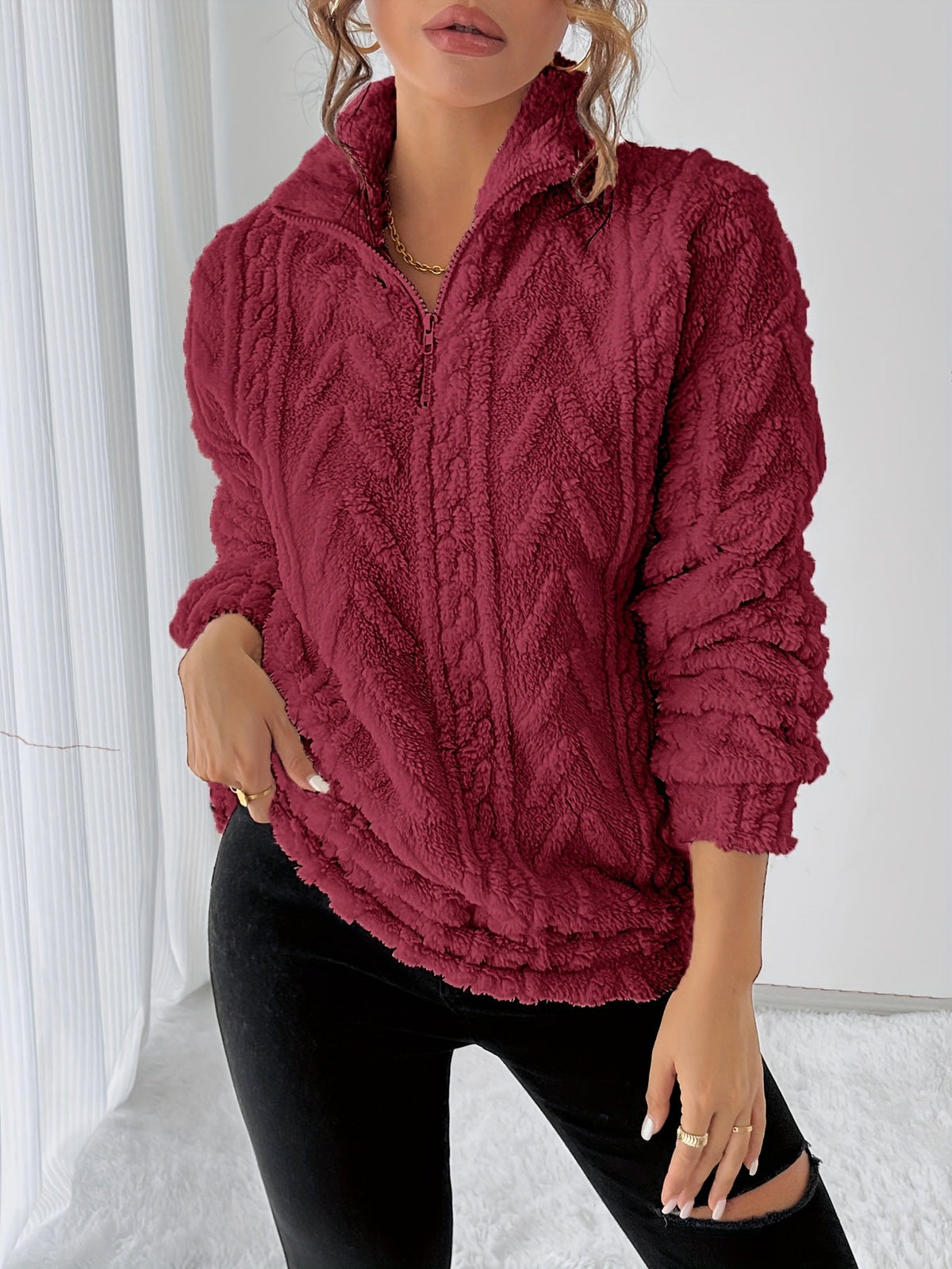 Antonia | Damen Teddy Sweatshirt mit Stehkragen und Reißverschluss