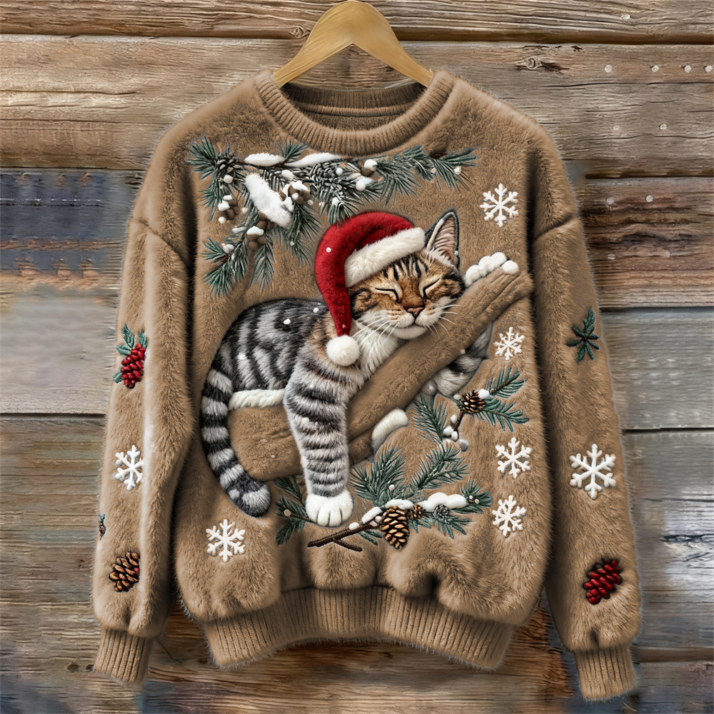 Jytte | Weihnachtspullover Damen mit Katzenmotiv Rundhals
