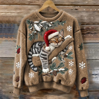 Jytte | Weihnachtspullover Damen mit Katzenmotiv Rundhals