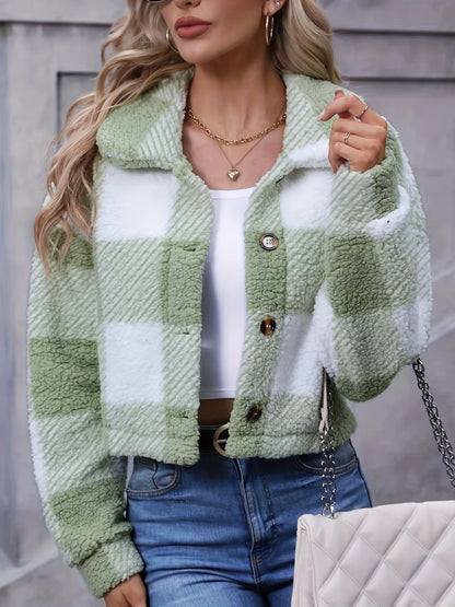 Ludivine | Damen Karo Jacke Kurz mit Knopfleiste und Stehkragen