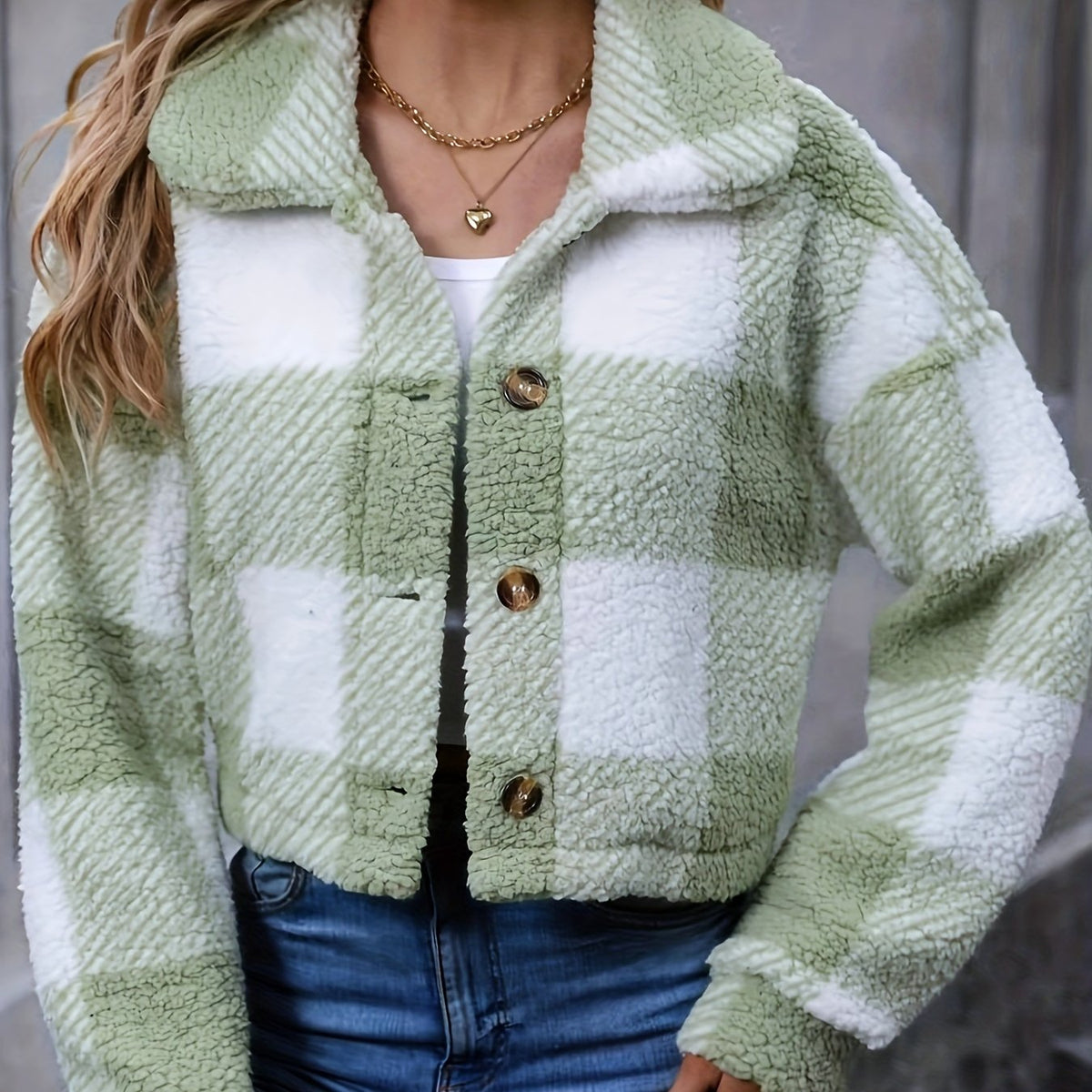 Ludivine | Damen Karo Jacke Kurz mit Knopfleiste und Stehkragen