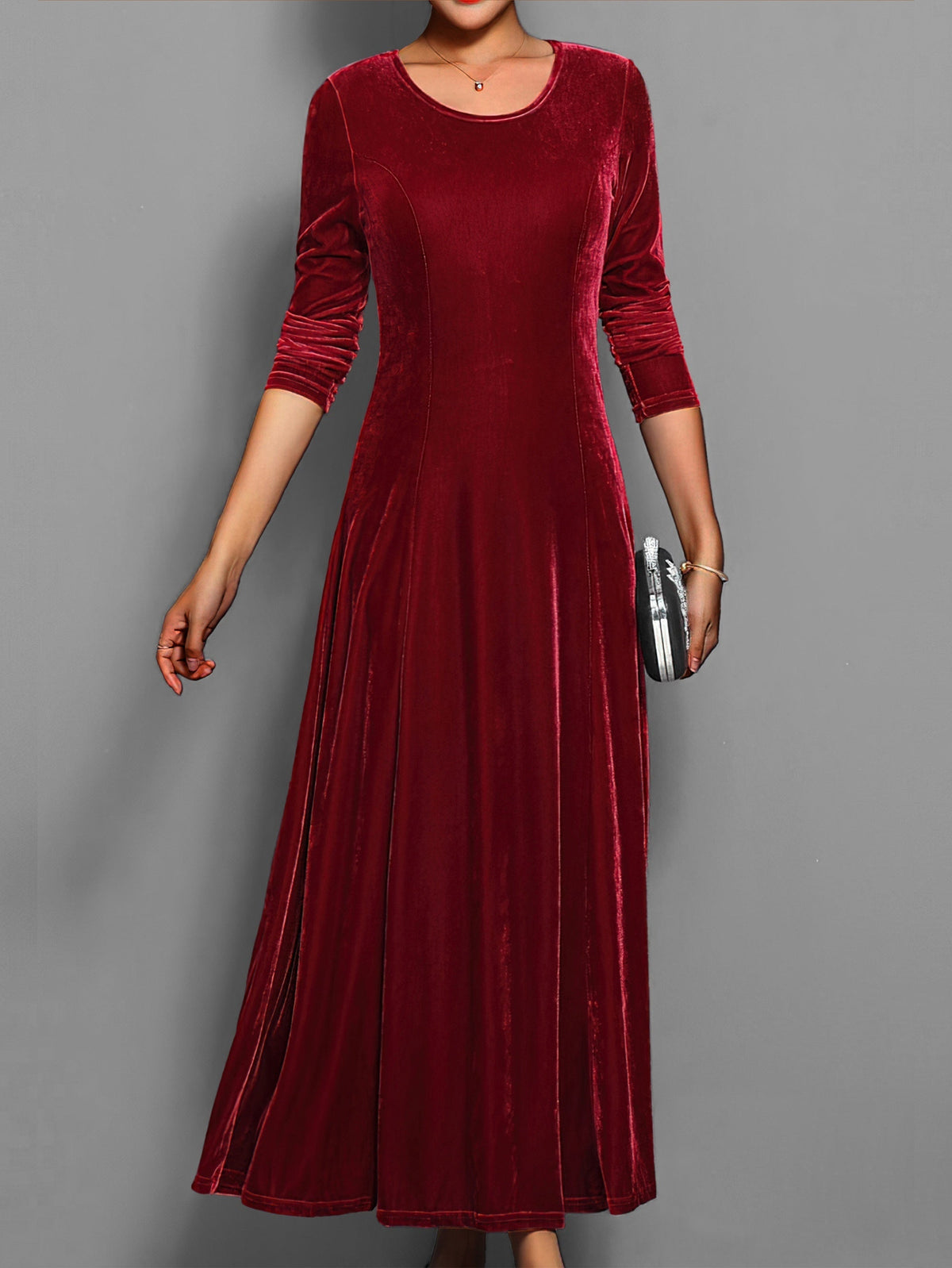 Leila | Elegantes Damen Samtkleid mit Rundhalsausschnitt Langarm