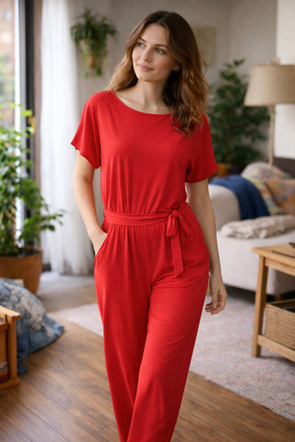 Athena | Damen Jumpsuit Weit Geschnitten mit Bindegürtel