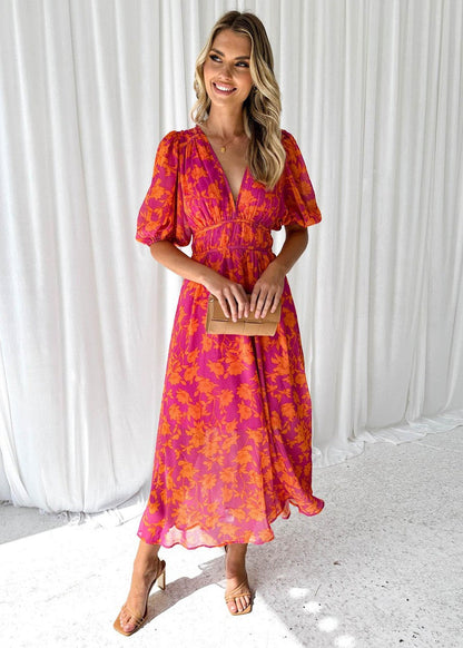 Thalia | Blumen Midikleid mit V-Ausschnitt und Puffärmeln für Damen