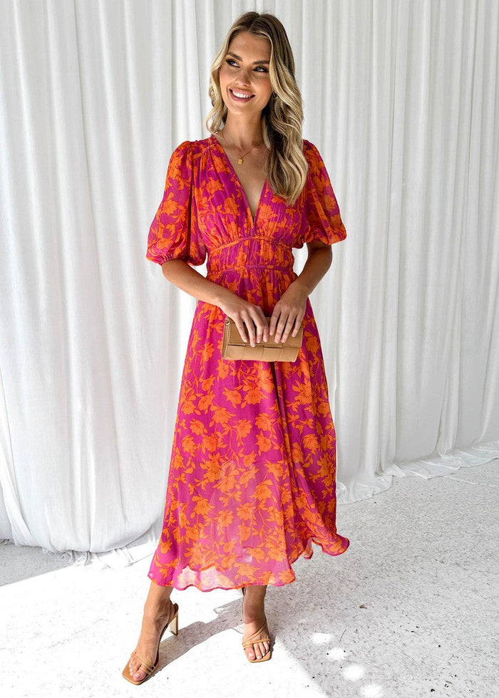 Thea | Blumen Midikleid mit V-Ausschnitt und Puffärmeln für Damen