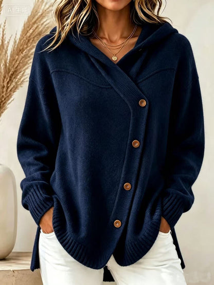 Dorlies | Strickjacke Damen mit Kapuze und asymmetrischer Knopfleiste