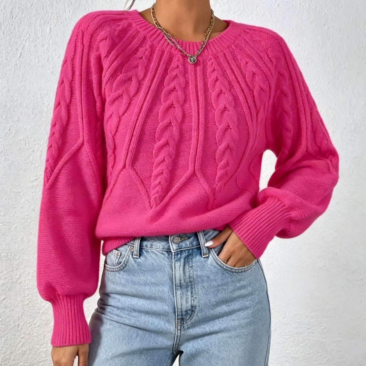Maline | Damen Kurzer Zopfmuster Pullover mit Ballonärmeln, Rundhals