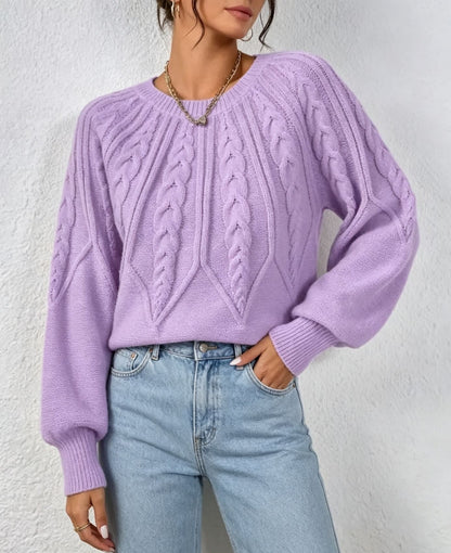 Maline | Damen Kurzer Zopfmuster Pullover mit Ballonärmeln, Rundhals