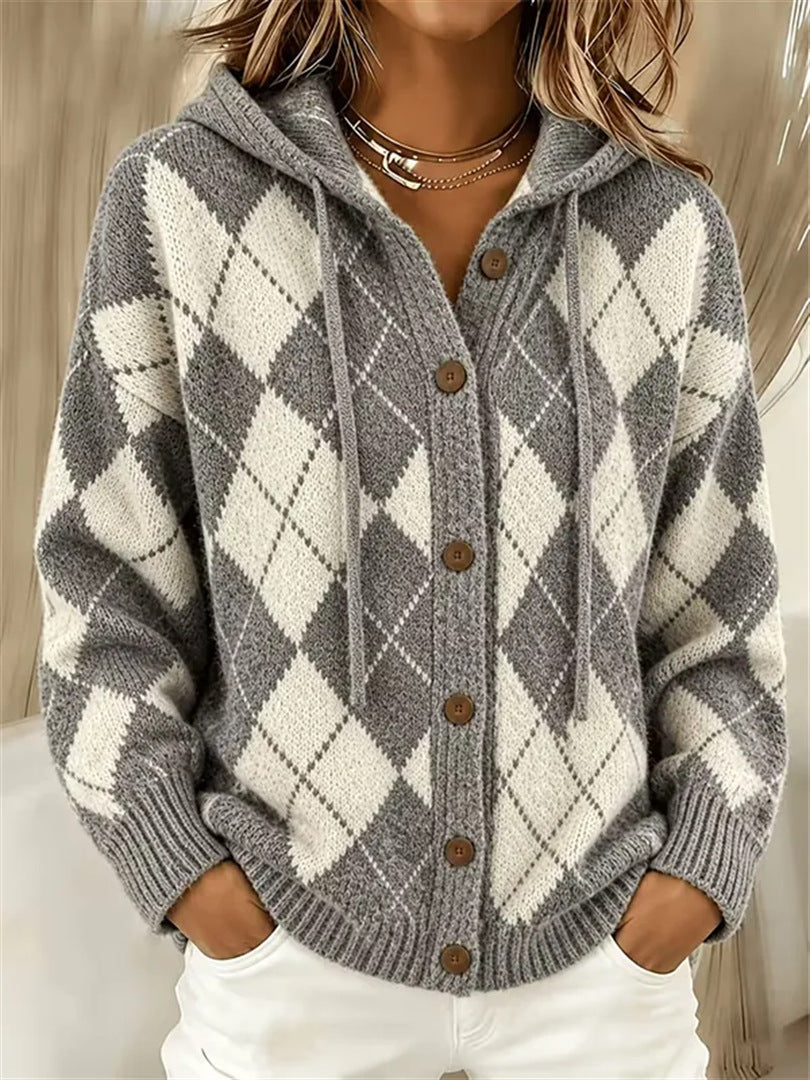 Marissa | Strickjacke mit Kapuze im Karo-Muster für Damen