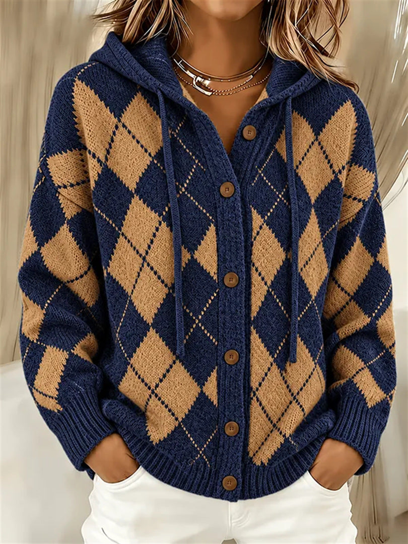 Marissa | Strickjacke mit Kapuze im Karo-Muster für Damen