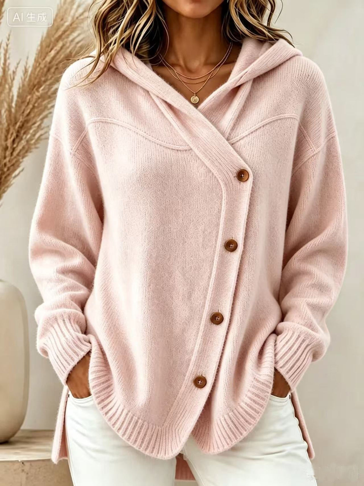 Dorlies | Strickjacke Damen mit Kapuze und asymmetrischer Knopfleiste