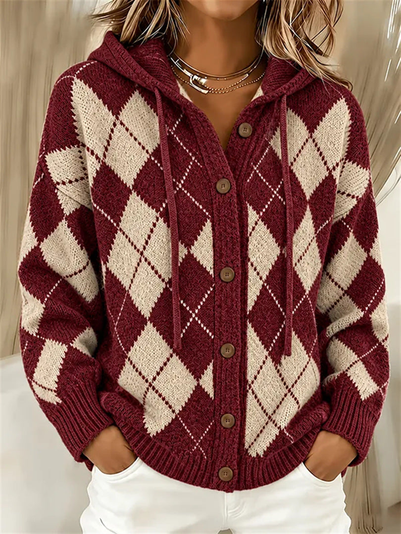 Marissa | Strickjacke mit Kapuze im Karo-Muster für Damen
