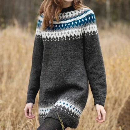 Maia | Damen Strickkleid mit Norwegermuster und Stehkragen