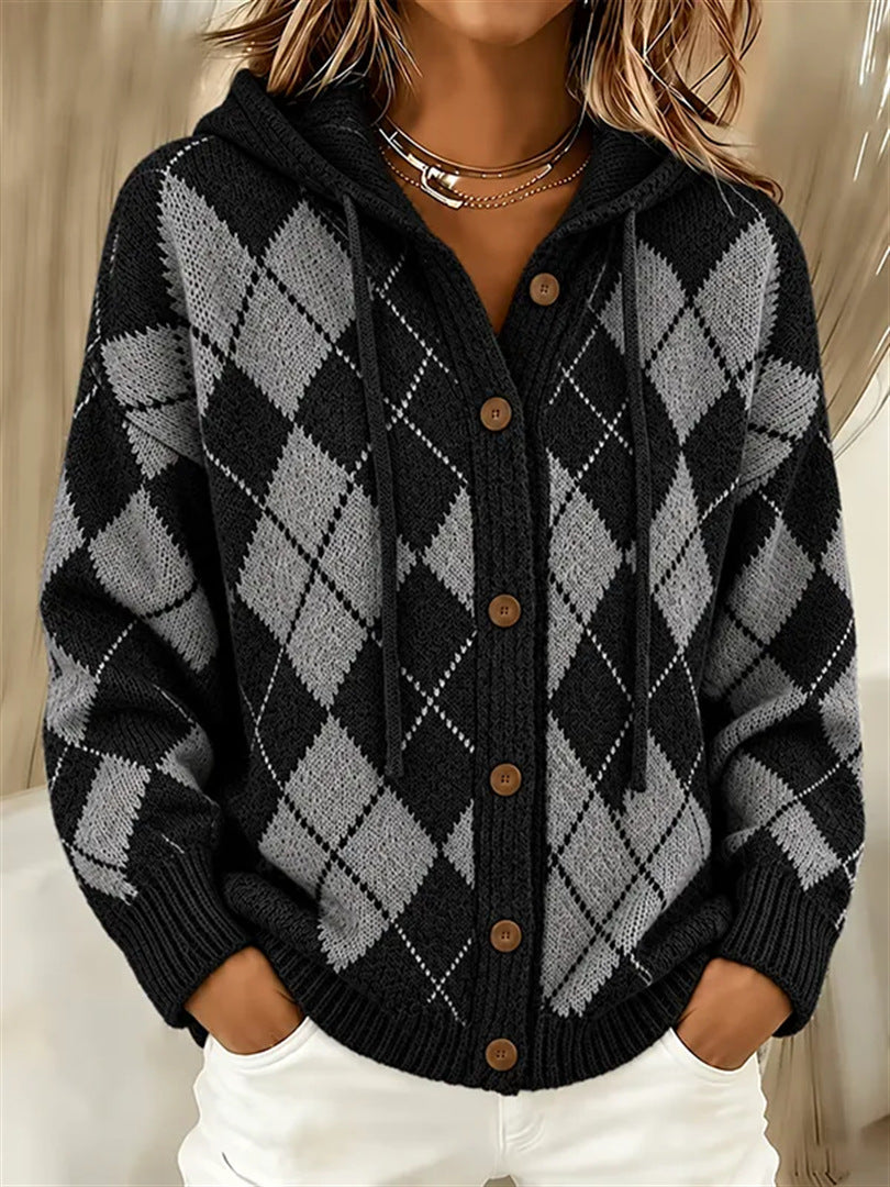 Marissa | Strickjacke mit Kapuze im Karo-Muster für Damen
