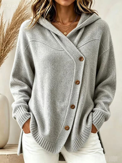 Dorlies | Strickjacke Damen mit Kapuze und asymmetrischer Knopfleiste