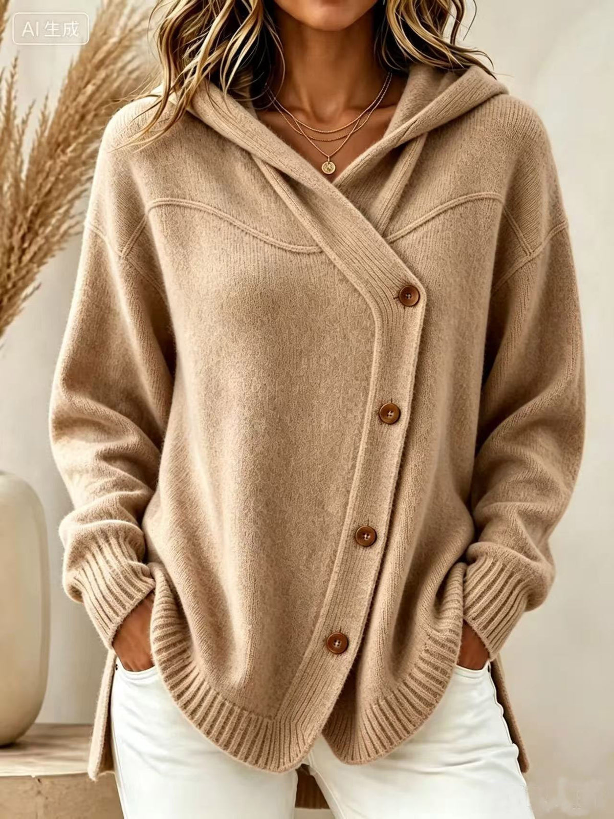 Dorlies | Strickjacke Damen mit Kapuze und asymmetrischer Knopfleiste