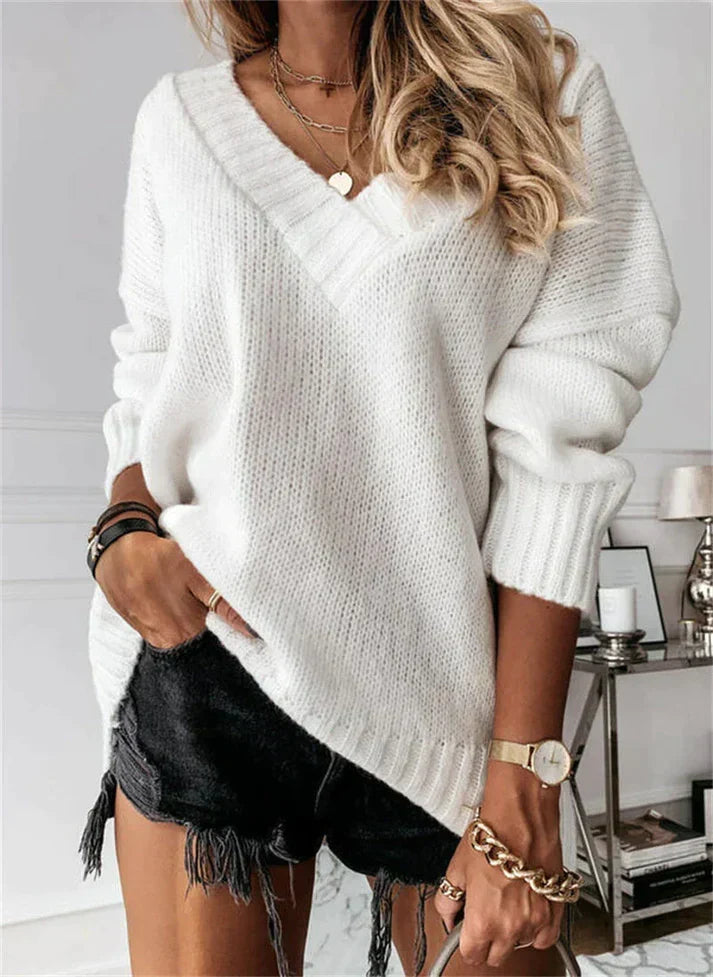 Lena | Gerippter V-Ausschnitt Strickpullover mit lockerer Passform für Damen