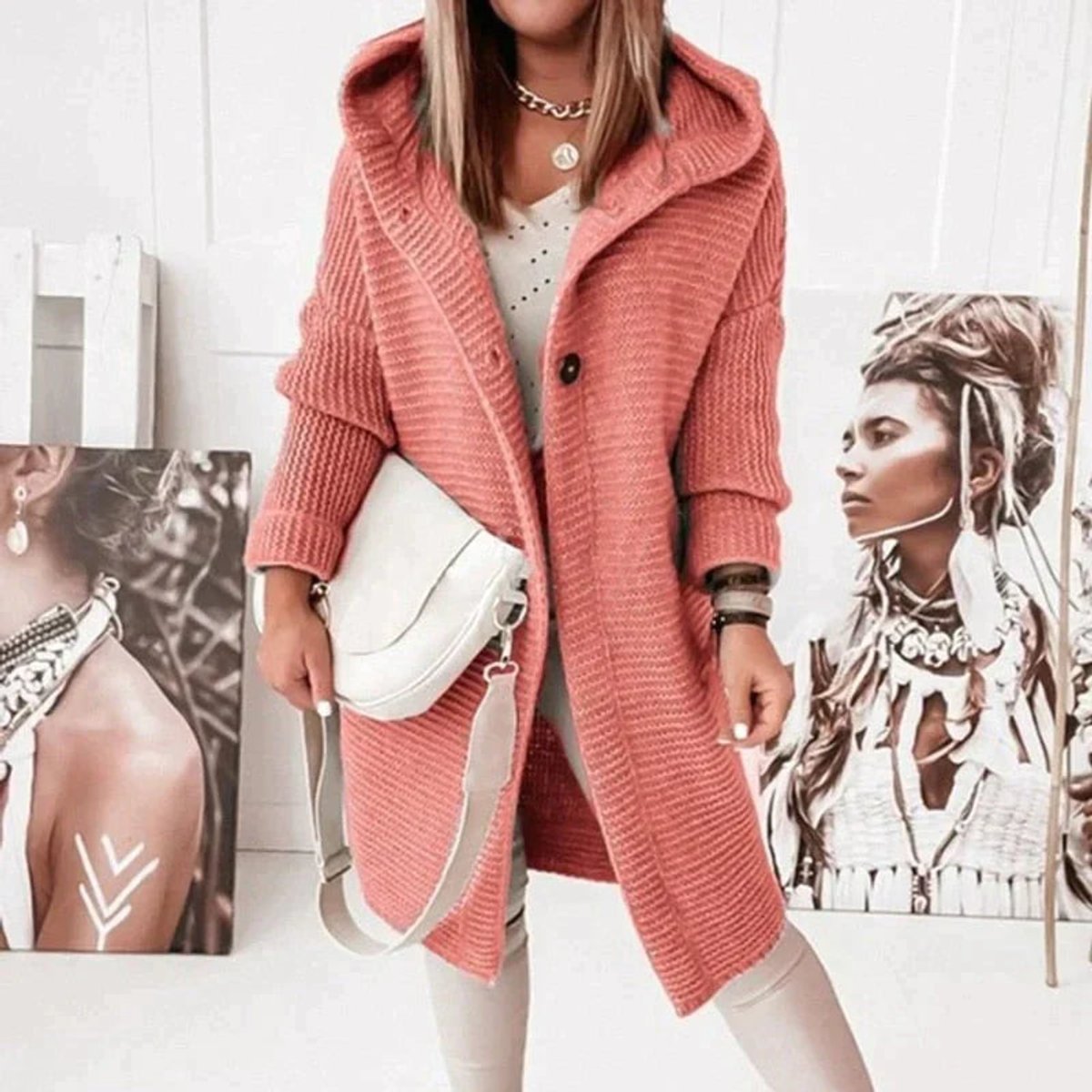 Riet | Strickjacke Damen Lang mit Kapuze Oversized