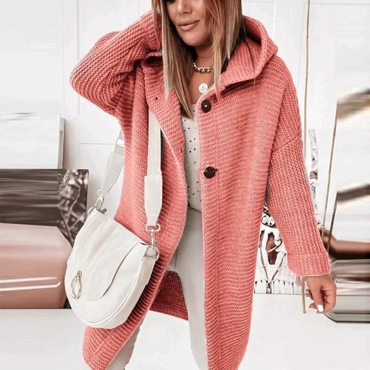 Riet | Strickjacke Damen Lang mit Kapuze Oversized