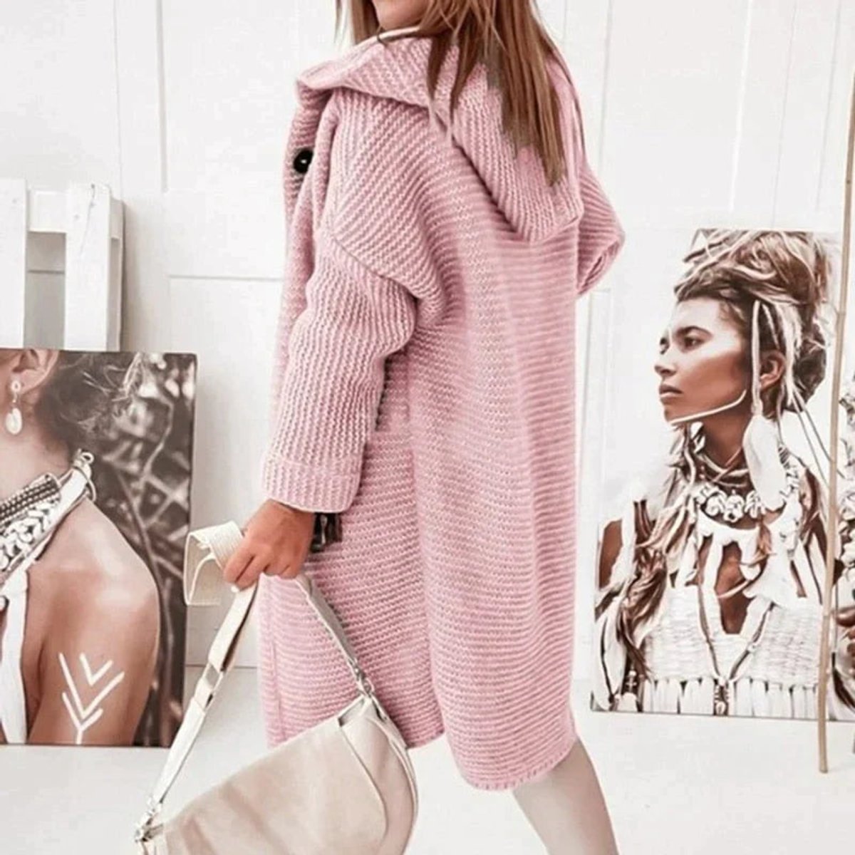 Riet | Strickjacke Damen Lang mit Kapuze Oversized