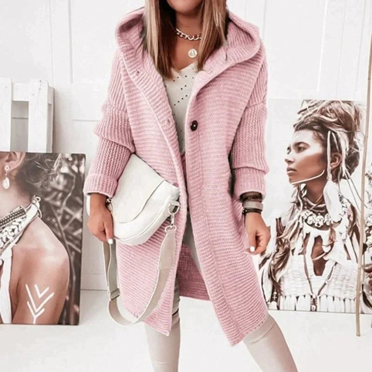 Riet | Strickjacke Damen Lang mit Kapuze Oversized