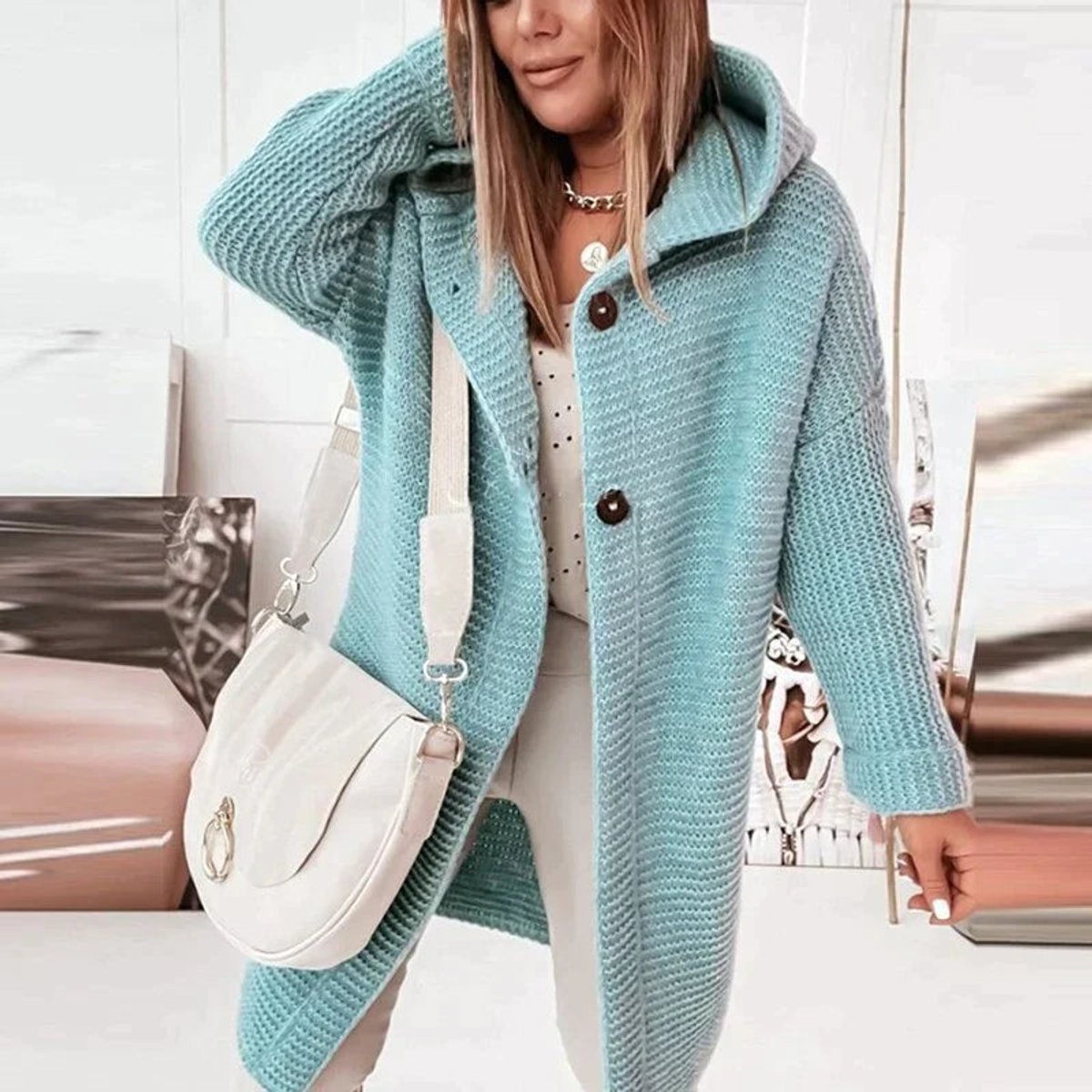 Riet | Strickjacke Damen Lang mit Kapuze Oversized