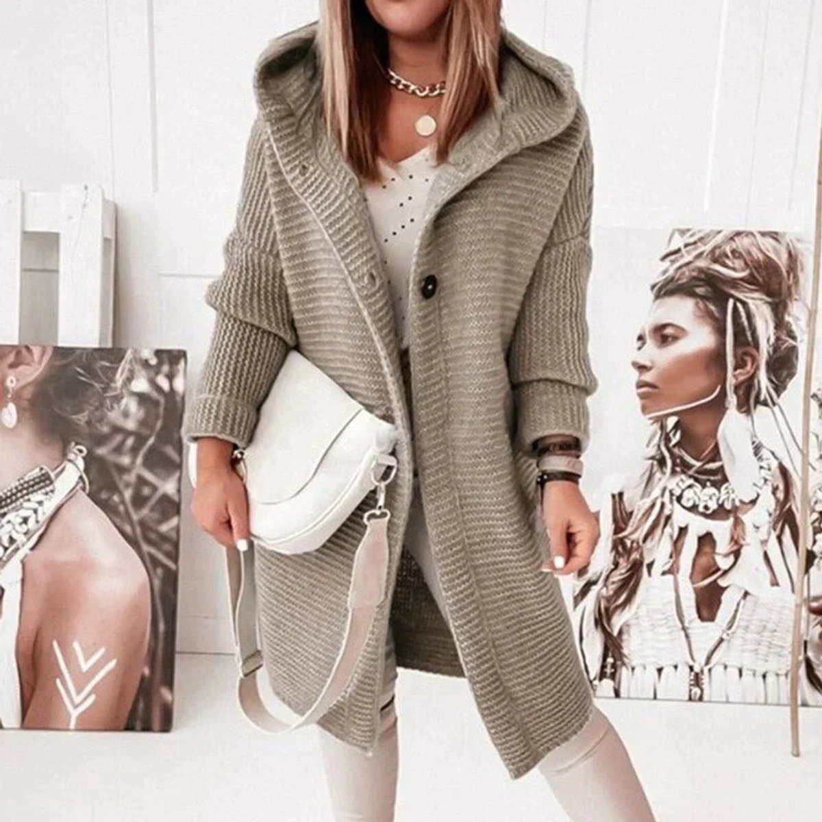 Riet | Strickjacke Damen Lang mit Kapuze Oversized