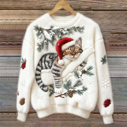 Jytte | Weihnachtspullover Damen mit Katzenmotiv Rundhals