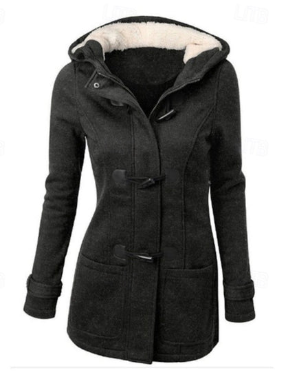 Eva | Winterjacke Damen Kapuze Hornknöpfe Taschen, Schwarz