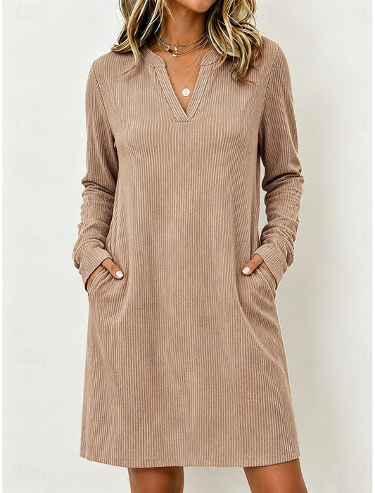 Lola | Damen Cordkleid Midi mit V-Ausschnitt und Taschen