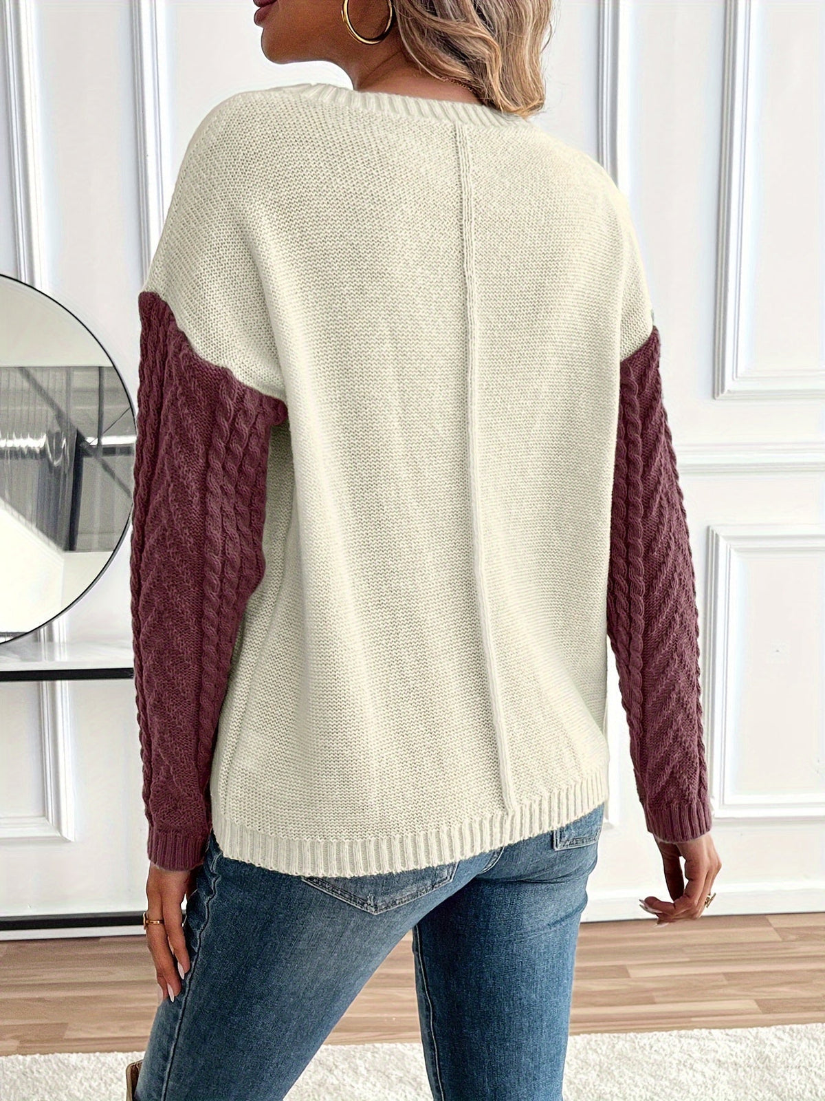 Lynn | Damen Zopfmuster Strickpullover mit Colorblock-Design Rundhals