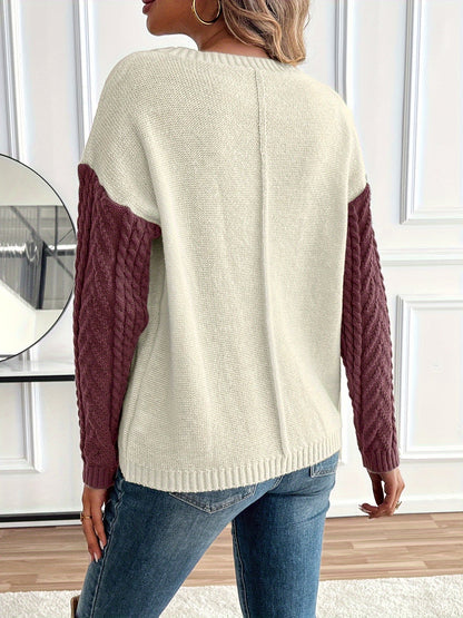 Lynn | Damen Zopfmuster Strickpullover mit Colorblock-Design Rundhals