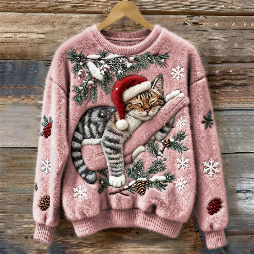 Jytte | Weihnachtspullover Damen mit Katzenmotiv Rundhals
